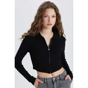 Fitted Polo Yaka Fitilli Kaşkorse Crop Fermuarlı Hırka C4578AX24SM