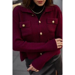 Bordo Örme Kalın Triko Gold Düğme Detaylı Hırka