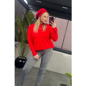Kırmızı Yarı Boğazlı Fitilli Oversize Kazak