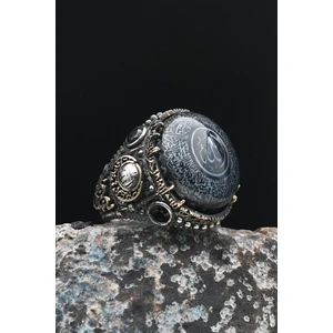 Prestige Gümüş Özel Tasarım 925 Ayar Gümüş Erkek Yüzüğü Sıkma Kehribar Taşlı Ayetel Kürsi ve Bismillah Yazlı 901442