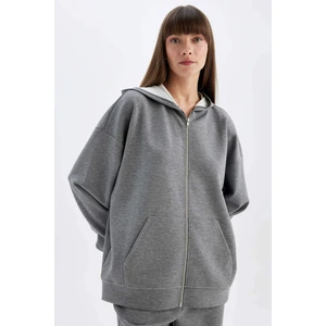 Oversize Geniş Kalıp Kapüşonlu Basic Düz Skuba Dalgıç Kumaş Cepli Fermuarlı Sweatshirt C6871AX24AU