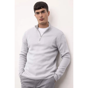 Gri Standart Fit Normal Kesim Dik Yaka Fermuarlı Basic Düz Triko Kazak A5184AX24AU