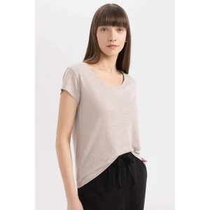 Regular Fit Bisiklet Yaka Keten Karışımlı Basic Düz Kısa Kollu Tişört C8806AX24SM