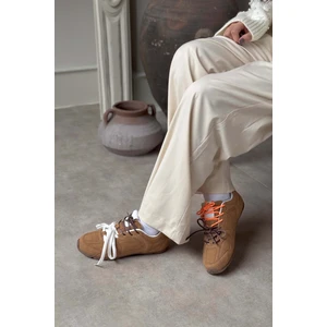 Nişantaşı Shoes Bellini Açık Taba Süet Düz Taban Kadın Bağcıklı Spor Ayakkabı