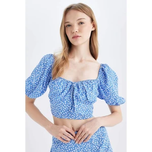 Fitted Kare Yaka Desenli Maroken Kısa Kollu Bluz D0911AX24SM