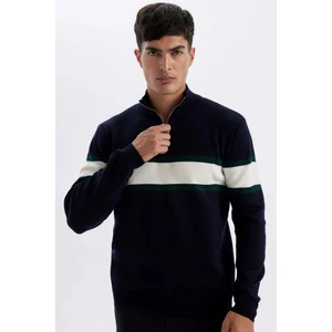 Lacivert Standart Fit Normal Kesim Dik Yaka Fermuarlı Çizgili Triko Kazak Y4193AZ24WN