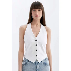 V Yaka Düğmeli Basic Düz Beyaz Blazer Yelek D0340AX24SM