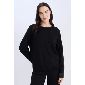 Regular Fit Bisiklet Yaka Simli Reglan Kol Siyah Triko Kazak Tunik D1580AX24WN