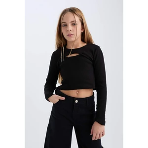 Kız Çocuk Slim Fit Dar Kesim Bisiklet Yaka Fitilli Kaşkorse Uzun Kollu Siyah Tişört D0705A824AU