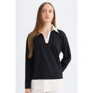Regular Fit Gömlek Yaka Etek Ucu Detaylı Uzun Kollu Siyah Sweatshirt Tunik D0390AX24AU