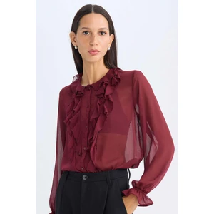 Regular Fit Bisiklet Yaka Fırfırlı Şifon Uzun Kollu Bluz D3132AX24AU