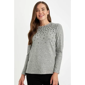 Relax Fit Bisiklet Yaka Leopar Baskılı Yırtmaçlı Uzun Kollu Tişört D2701AX24AU