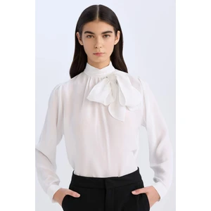 Regular Fit Fiyonk Yaka Basic Düz Saten Uzun Kollu Bluz D3133AX24AU