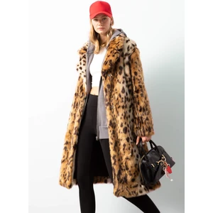 Relax Fit Leopar Desenli Ceket Yaka Cepli Uzun Suni Kürk Kaban D4005AX24WN