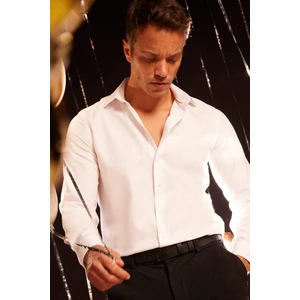 Slim Fit Dar Kesim Oxford Basic Düz Pamuk Karışımlı Uzun Kollu Beyaz Gömlek R4340AZ24AU