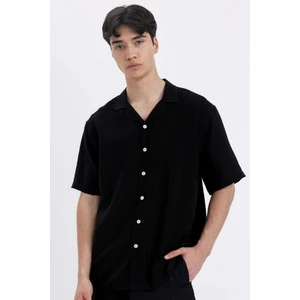 Relax Fit Yazlık Polo Yaka Basic Düz Kısa Kollu Siyah Gömlek C8157AX24SM