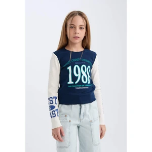 Kız Çocuk Cropped Fit Bisiklet Yaka Baskılı Fitilli Kaşkorse Uzun Kollu Tişört D3433A824WN