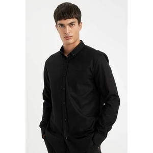 %100 Pamuk Regular Fit Polo Yaka Oxford Basic Düz Uzun Kollu Siyah Gömlek A8028AX24AU