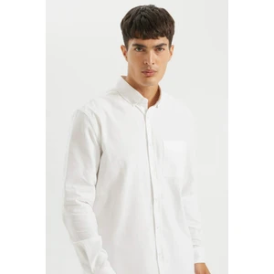 %100 Pamuk Regular Fit Polo Yaka Oxford Basic Düz Uzun Kollu Beyaz Gömlek A8028AX24AU
