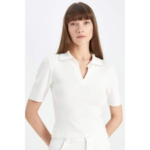 Fitted Polo Yaka Taş İşlemeli Kısa Kollu Triko Kazak D4618AX24AU