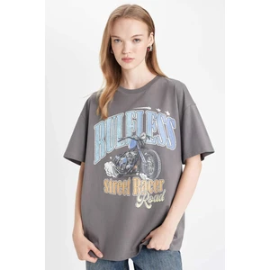 Oversize Geniş Kalıp Bisiklet Yaka Baskılı Kısa Kollu Tişört