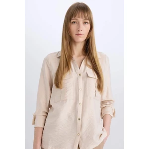 Oversize Geniş Kalıp Basic Düz Çift Cepli Uzun Kollu Viskon Gömlek D4739AX24AU