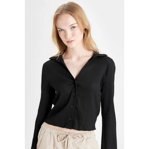 Coool Fitted Basic Düz Düğmeli Uzun Kollu Crop Siyah Gömlek A0012AX24AU