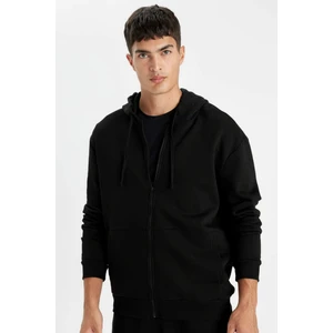 Siyah Comfort Regular Fit Rahat Kalıp Kapüşonlu Kalın İçi Yumuşak Tüylü Fermuarlı Sweatshirt D2323AX24AU
