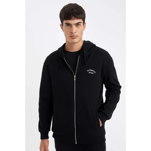 Siyah Relax Fit Kapüşonlu Waffle Baskılı Cepli Fermuarlı Sweatshirt D2629AX24AU