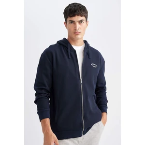 Lacivert Relax Fit Kapüşonlu Waffle Baskılı Cepli Fermuarlı Sweatshirt D2629AX24AU
