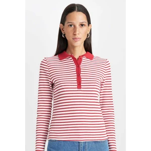 Slim Fit Dar Kesim Polo Yaka Düğmeli Çizgili Fitilli Kaşkorse Uzun Kollu Tişört D5140AX24AU