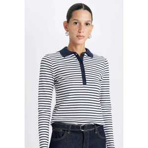 Slim Fit Dar Kesim Polo Yaka Düğmeli Çizgili Fitilli Kaşkorse Uzun Kollu Tişört D5140AX24AU