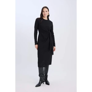 Bisiklet Yaka Basic Düz Beli Bağlamalı Bürümcük Uzun Kollu Maxi Siyah Elbise