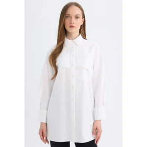 Relax Fit Gömlek Yaka Poplin Basic Düz Uzun Kollu Beyaz Gömlek Tunik D4773AX24AU