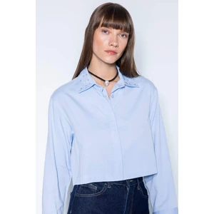 Crop Basic Düz Düğmeli Dokuma Uzun Kollu Gömlek D4617AX24AU