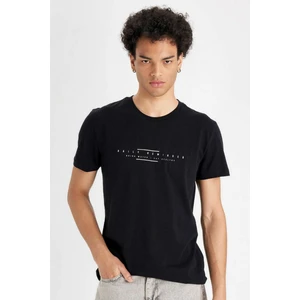 %100 Pamuk Siyah Slim Fit Dar Kesim Bisiklet Yaka Baskılı Kısa Kollu Tişört C2076AX24AU