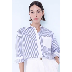 Oversize Geniş Kalıp Çizgili Cepli Düğmeli Poplin Uzun Kollu Gömlek D4510AX24AU