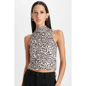 Slim Fit Dar Kesim Yarım Balıkçı Yaka Leopar Desenli Kolsuz Bluz D5542AX24AU