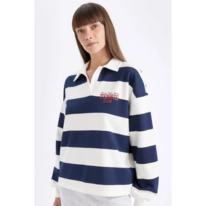 Relax Fit Polo Yaka Baskılı Çizgili Kalın Sweatshirt D5926AX24AU