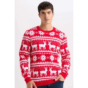 Kırmızı Standart Fit Yılbaşı Temalı Bisiklet Yaka Triko Kazak B2356AX24WN