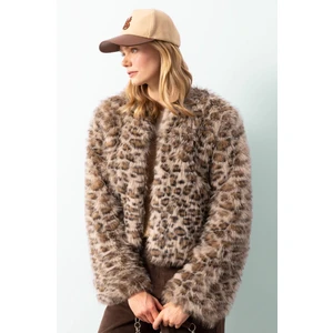 Regular Fit Leopar Desenli Suni Kürk Ceket Mont D6650AX24WN