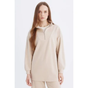Regular Fit Yarım Fermuarlı Dik Yaka Selanik Kumaş Basic Düz Uzun Kollu Tunik B4306AX24WN