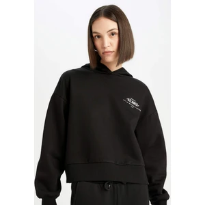 Boxy Fit Kapüşonlu Baskılı Kalın Siyah Sweatshirt D6717AX24WN