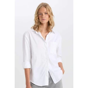 Oversize Geniş Kalıp Cepli Basic Düz Poplin Uzun Kollu Beyaz Gömlek D3129AX24AU