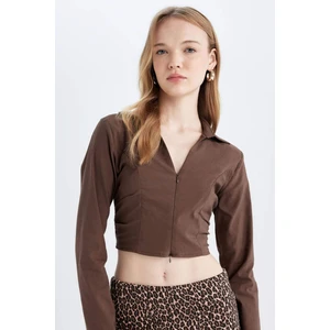 Fitted Vucuda Oturan Gömlek Yaka Fermuarlı Bengalin Uzun Kollu Crop Basic Düz Bluz C5037AX24AU