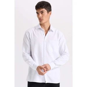 Beyaz Regular Fit Pamuklu Basic Düz Keten Görünümlü Uzun Kollu Gömlek D7079AX24SP