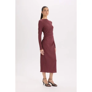 Bodycon Vücudu Saran Yarım Balıkçı Yaka Basic Düz Bürümcük Uzun Kollu Midi Bordo Elbise D8643AX24AU