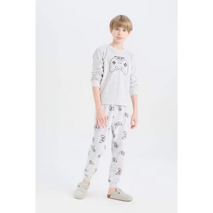 Erkek Çocuk Kadife Pijama Takımı Bisiklet Yaka Baskılı Uzun Kollu Üst Uzun Alt D8599A824CW