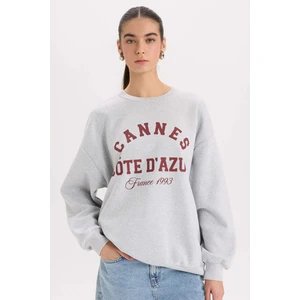 Oversize Geniş Kalıp Bisiklet Yaka Baskılı Kalın Sweatshirt D9803AX24WN
