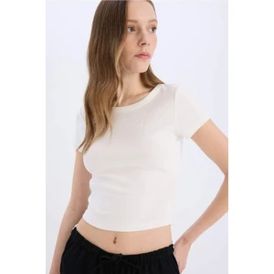 Coool Fitted Ribana Basic Düz Kalın Kumaş Kısa Kollu Beyaz Tişört E0288AX25SM